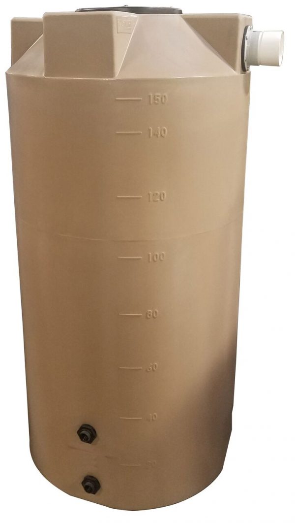 Beige 150 gallon poly rainwater harvesting tank